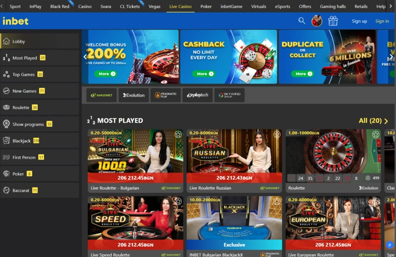 inbet live casino page